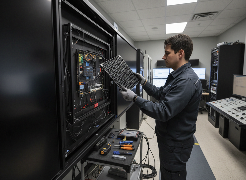 A front-service LED display cabinet being opened for a module swap in a control room aisle