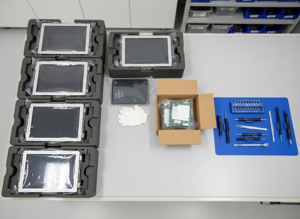 Replacement modules and service tools organized on a workbench for a 24/7 video wall maintenance plan