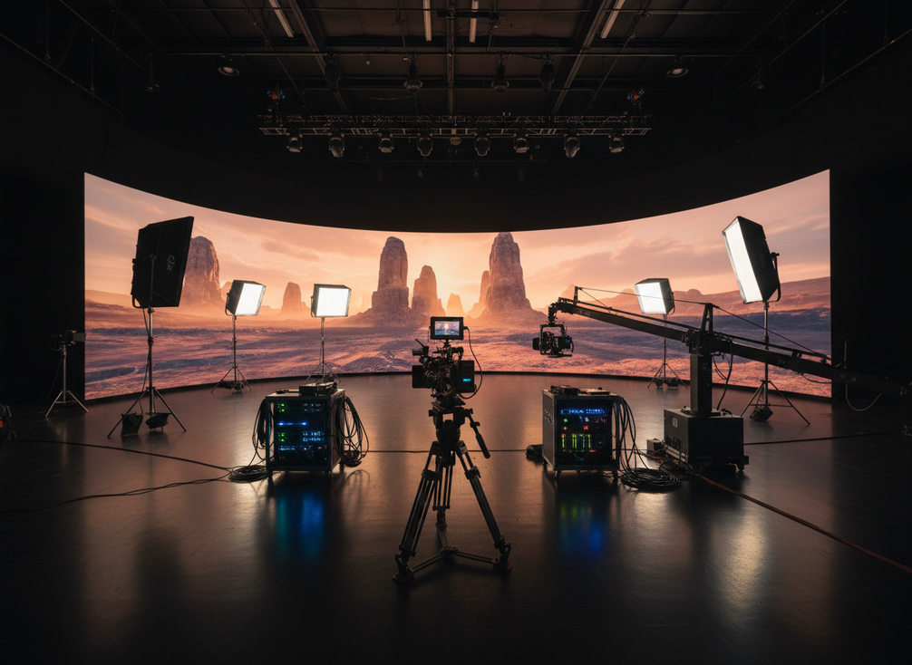 A large LED volume on a soundstage with a cinema camera on a tripod facing the wall, broad view of the production setup