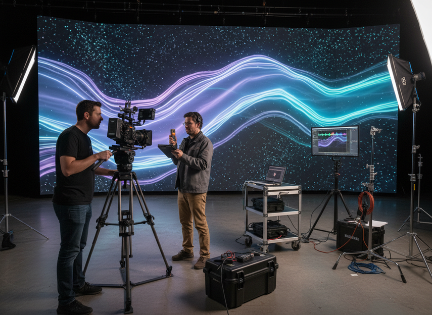 A camera operator checking a test pattern on an LED wall while a technician reviews settings on a clipboard beside the stage