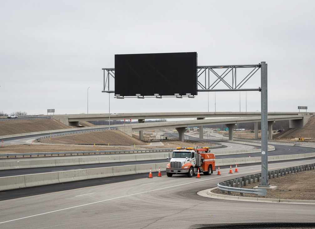 Highway variable message sign installation in a transportation project setting