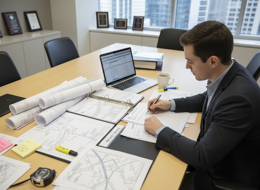 Transportation engineer reviewing VMS bid documents at a desk with plans and checklist
