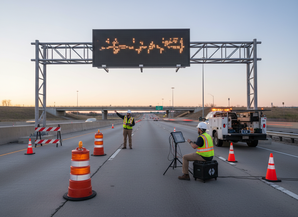 Field acceptance testing of a highway variable message sign with technician and control equipment