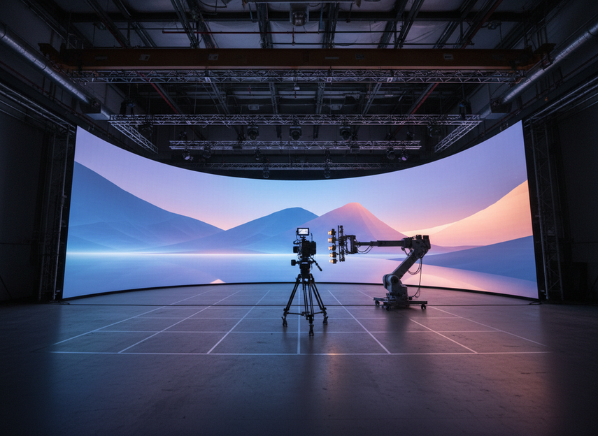 XR LED volume stage during camera calibration with a large display wall, film camera on tripod, and color test setup on set