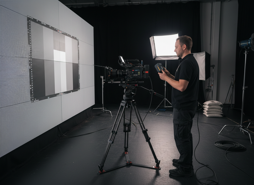 Technician checking uniform brightness on an XR LED wall while a camera views a neutral test scene on set