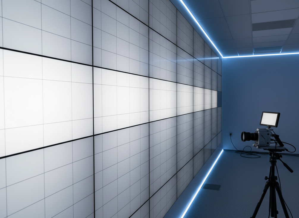 Close view of an XR LED wall showing subtle color variation during a calibration check with camera equipment nearby