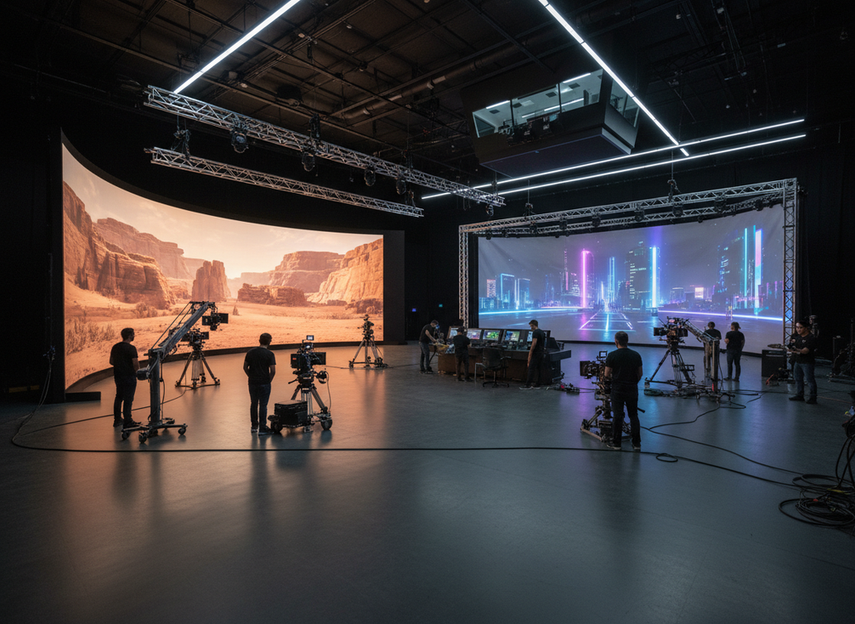 Virtual production studio with a large LED wall and a camera crew preparing an XR stage