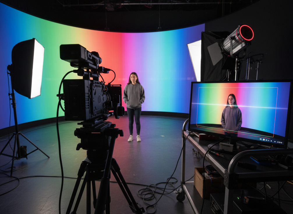 Close camera test in a virtual production studio with an LED wall showing fine detail behind a performer and camera setup