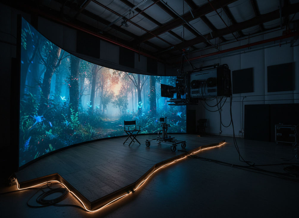 Projection-based virtual production setup in a dark studio with a projected background and simple stage layout