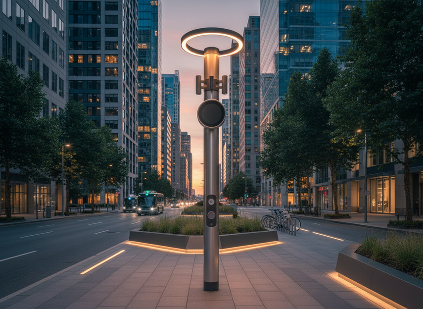 Smart city LED pole concept on a city street at dusk, showing lighting, communications equipment, and a public alert display in an urban corridor