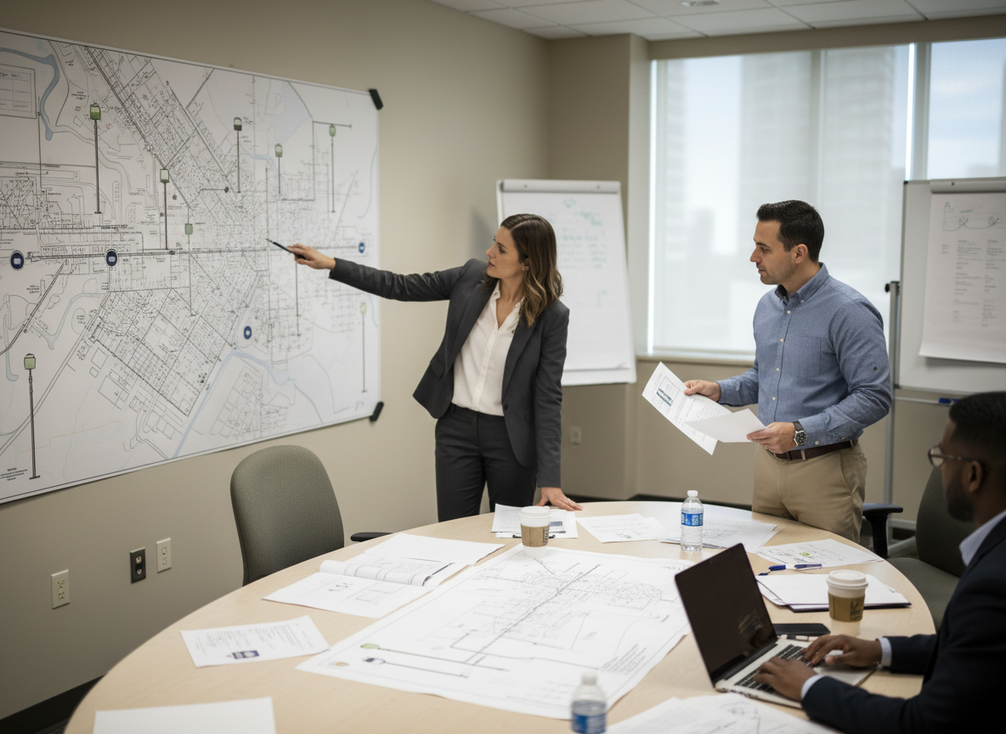 City planners reviewing a smart pole deployment map and permit documents in a municipal planning meeting