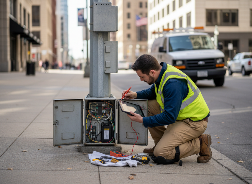 Technician inspecting a connected street pole base and backup power access panel during a field maintenance check