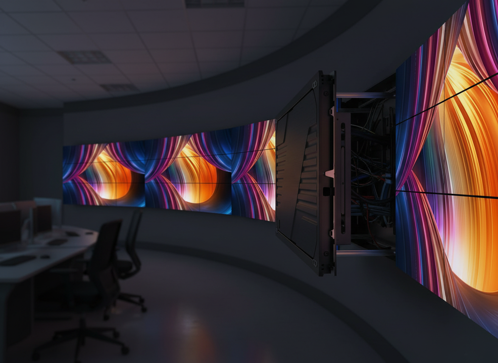 Close view of a fine-pitch LED wall segment in a control room showing uniform image quality and service access around the display
