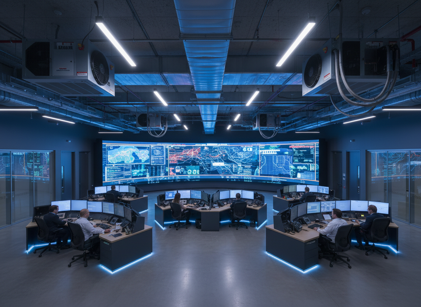 Modern command center with a large LED wall, operators at consoles, and visible cooling equipment in a control room