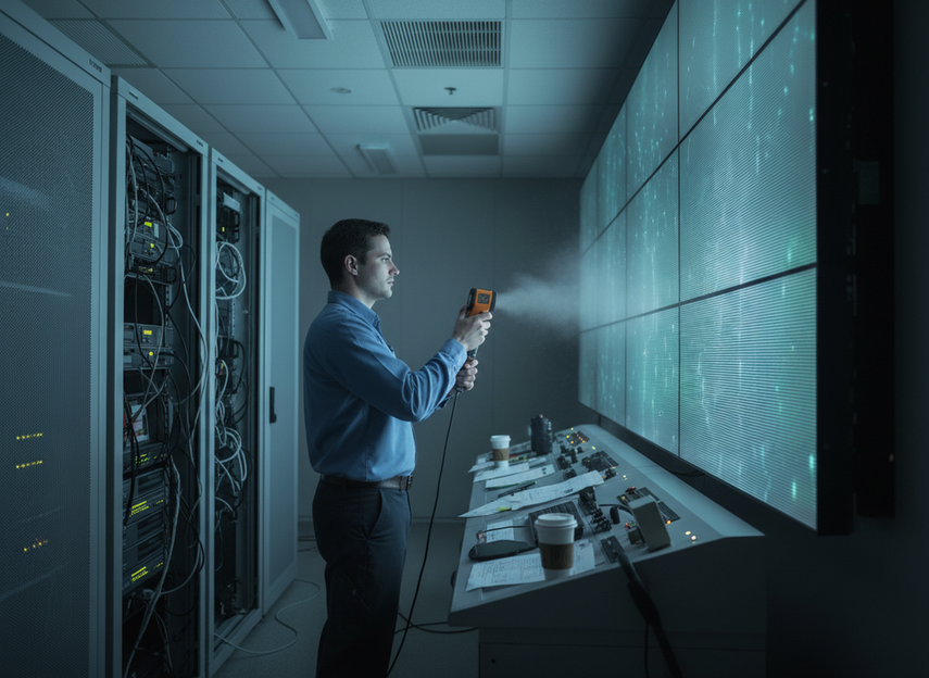 Technician measuring power usage and checking airflow near an installed LED wall in a control room