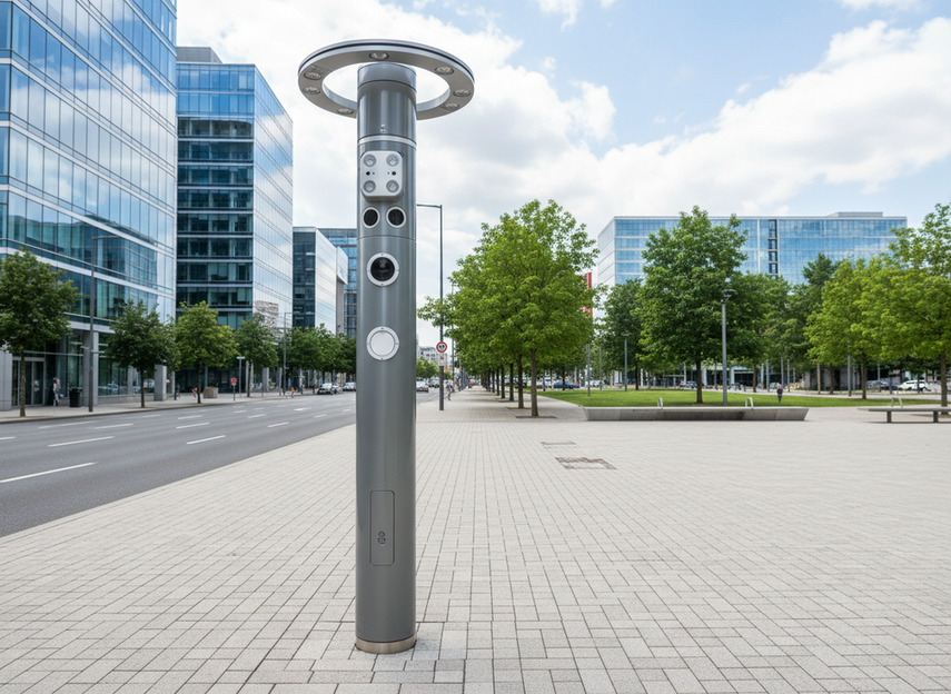 Smart city pole with lighting, communications equipment, and sensor modules shown in an urban streetscape