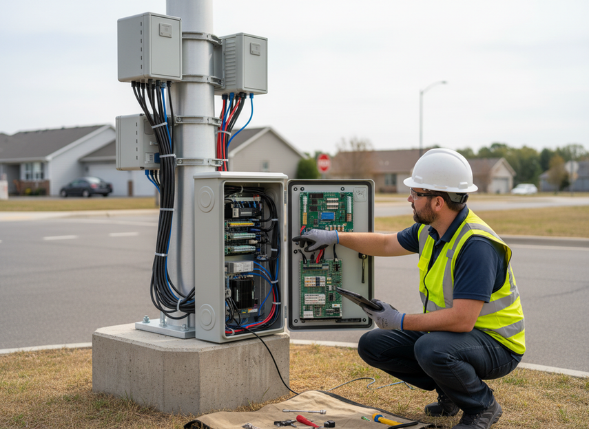 Technician inspecting a smart pole controller cabinet and connected field devices during installation