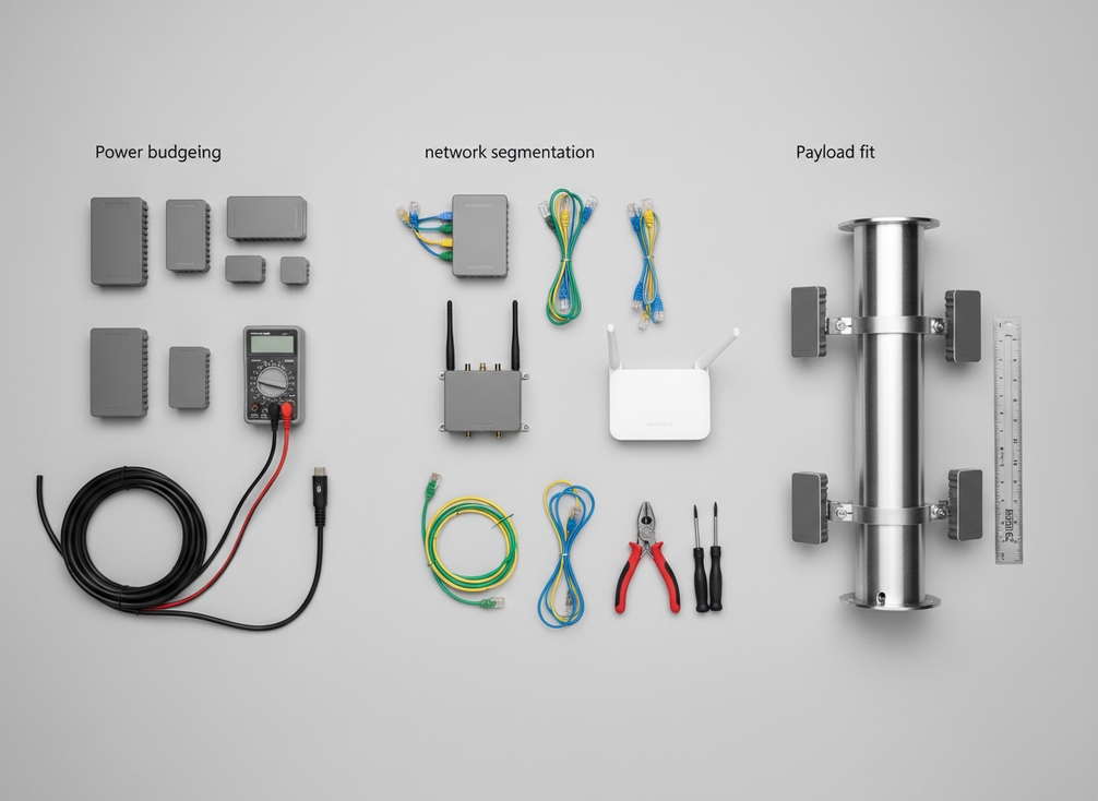 Smart pole network and sensor layout being planned on a workbench with engineering tools and mock devices