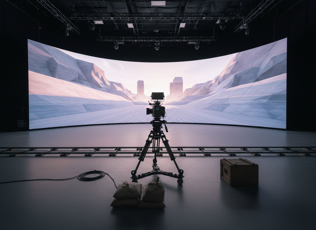An LED volume stage in a modern studio with a camera on a tripod facing a large display wall and foreground talent markers