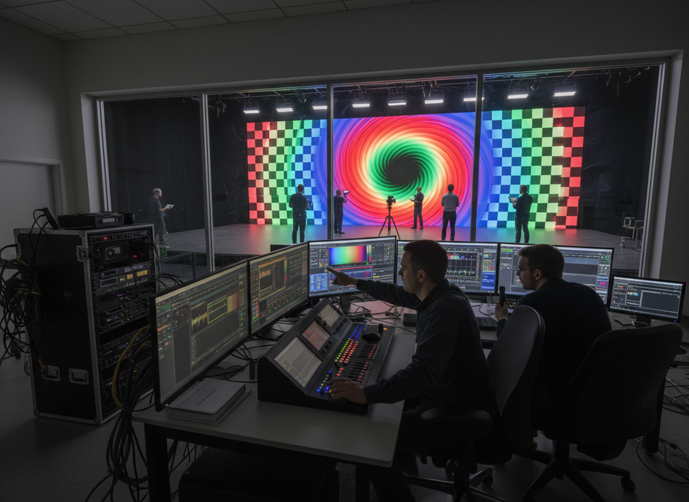 A crew-free LED wall workflow with a control workstation, monitoring screens, and the wall showing even illumination for genlock and HDR verification