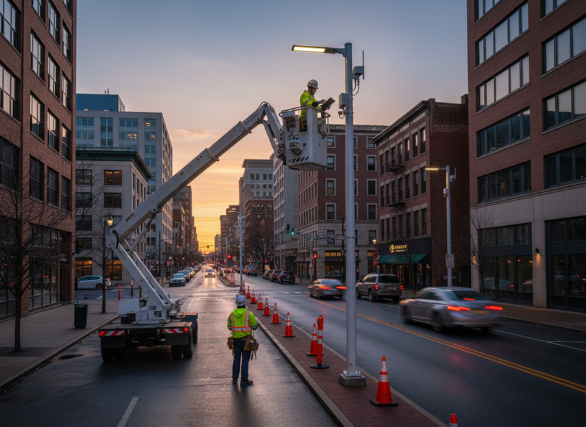 Municipal crew inspecting a smart pole LED fixture from a lift at dusk on a city street