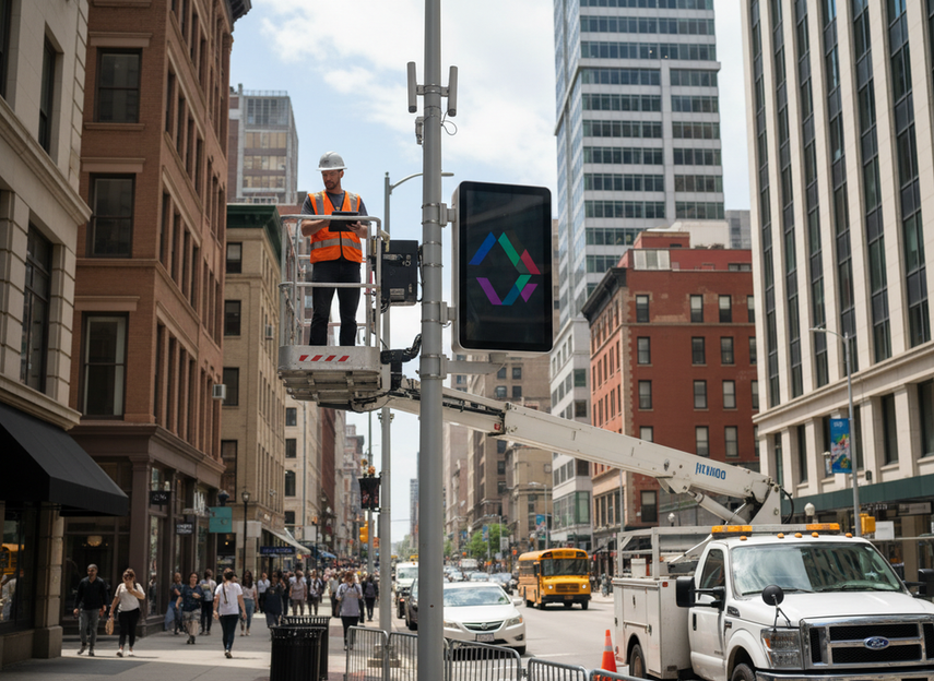 Worker performing a visual inspection on a smart street pole display in a downtown corridor
