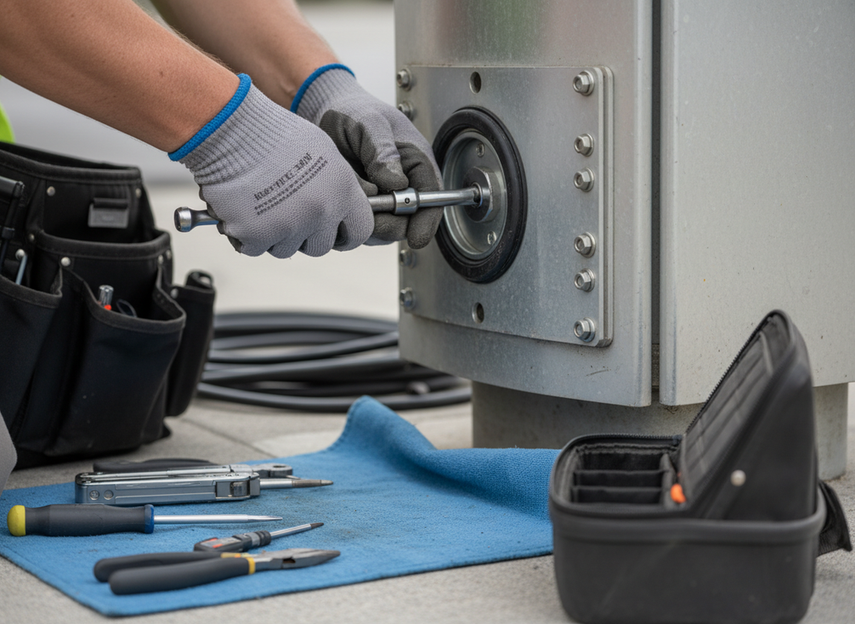 Close view of municipal maintenance hands checking seals, fasteners, and enclosure access on a smart pole unit