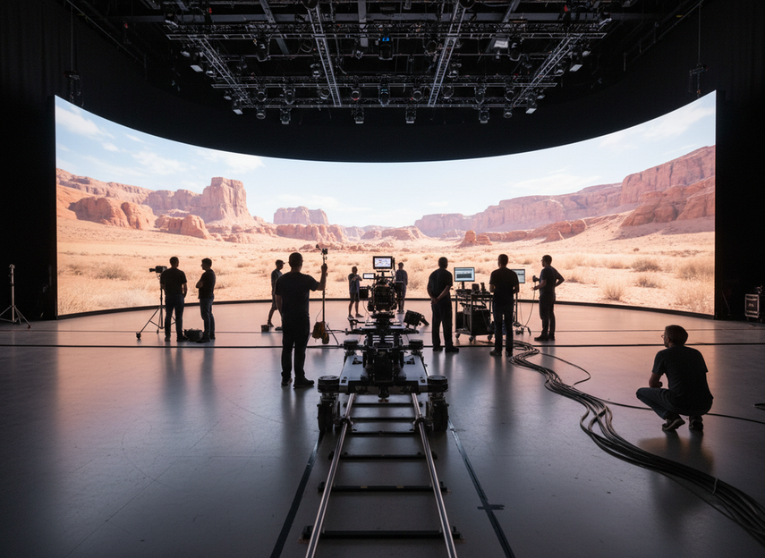 Virtual production LED volume with a large curved LED wall, camera rig, and crew preparing the stage