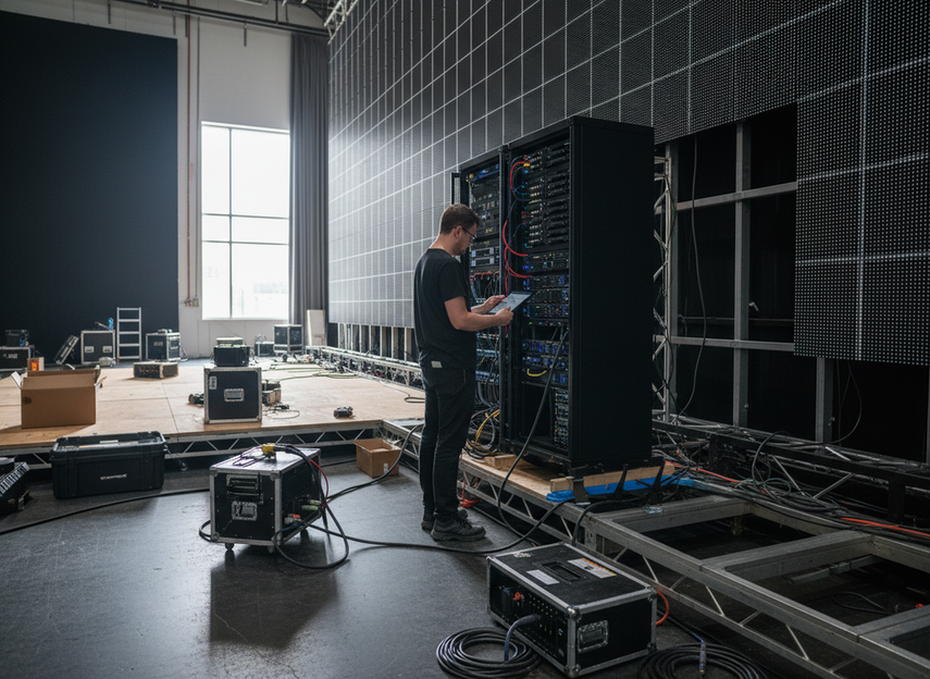 LED volume installation process with technician checking processor rack, cable routing, and stage access before panels are fully installed