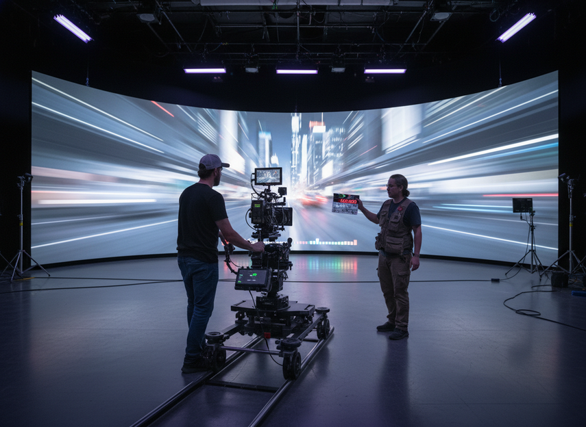 Camera test on an LED stage with an assistant moving the camera during a timing check and the wall showing a clean live image