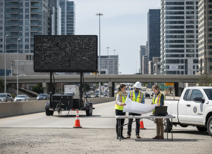 A highway electronic message sign above a roadway with a procurement team reviewing project documents nearby