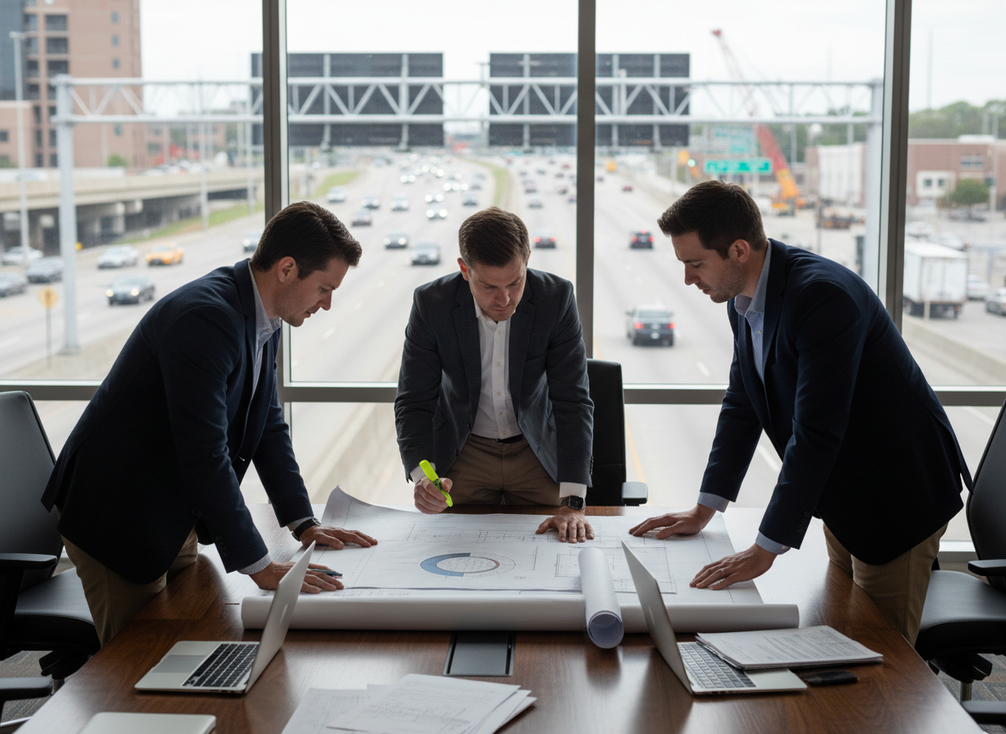 Engineers and procurement staff comparing VMS specification documents at a table with a roadside sign plan in the background