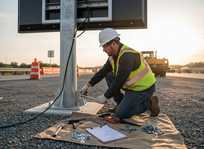 A close view of a roadside sign installation checklist with a technician inspecting mounting hardware beside a VMS structure