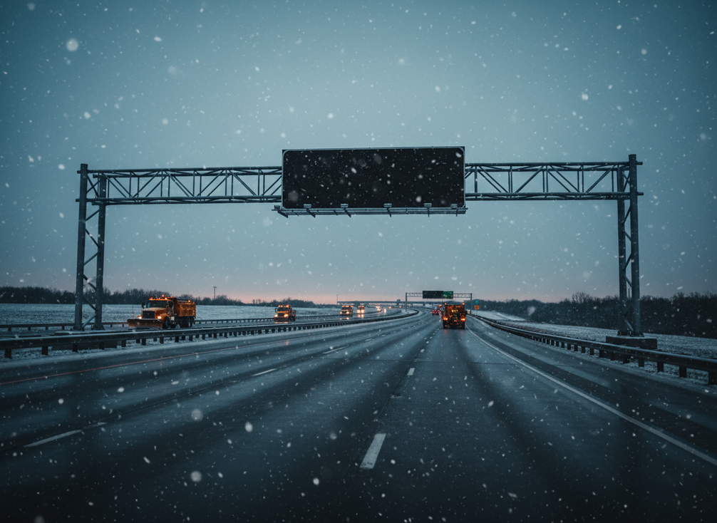 Highway variable message sign over a snowy interstate at dusk