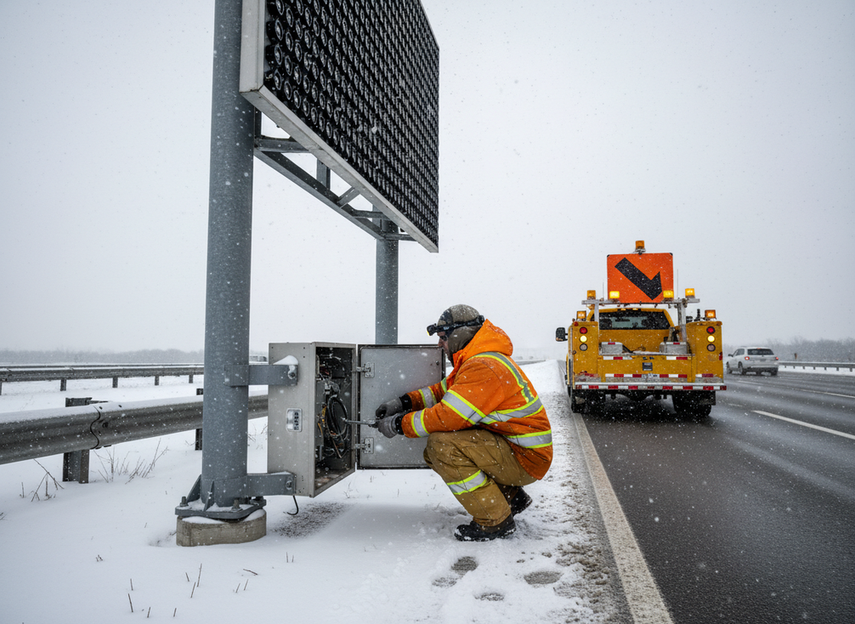Winter roadway maintenance crew inspecting a highway VMS cabinet during cold weather