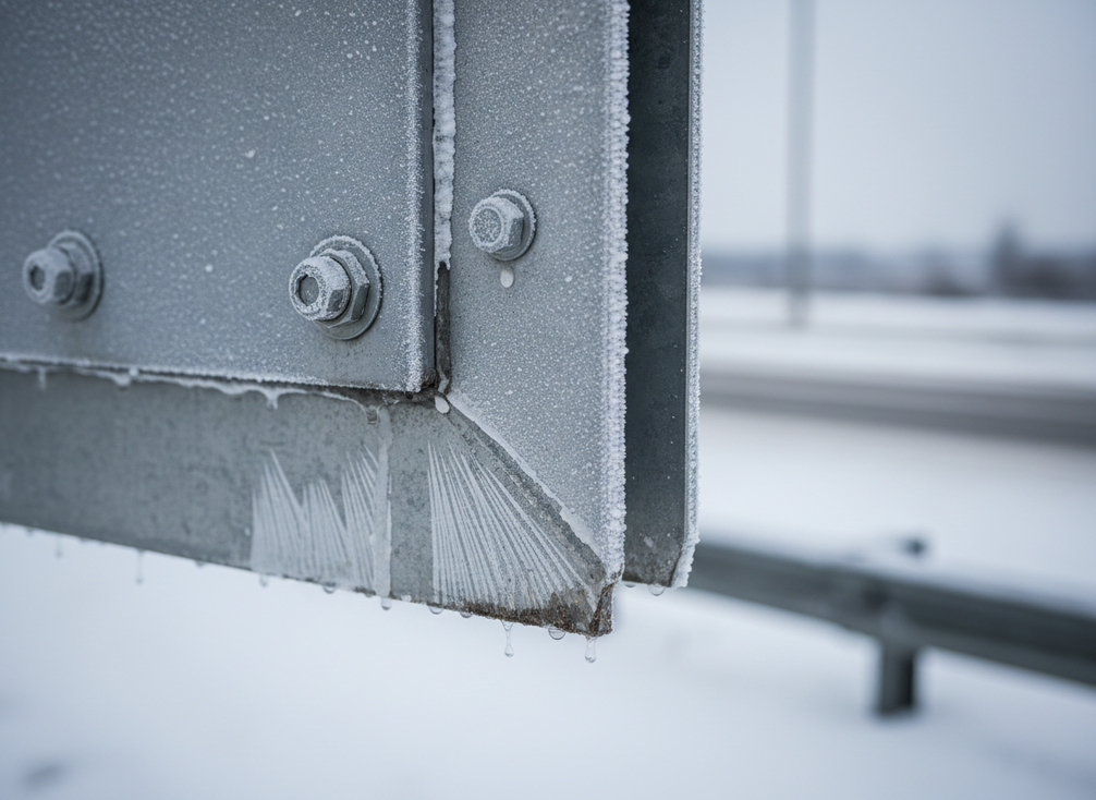 Close view of a highway VMS enclosure with ice, moisture, and salt exposure in cold weather