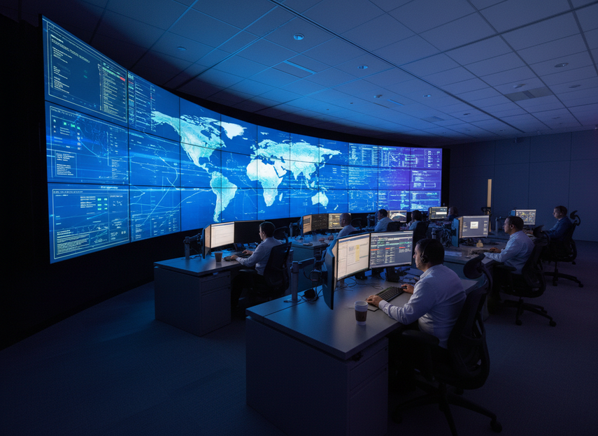 24/7 command center LED video wall in a modern operations room with operators monitoring multiple screens