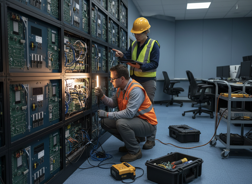 Technician checking a command center LED wall panel access area during a maintenance visit