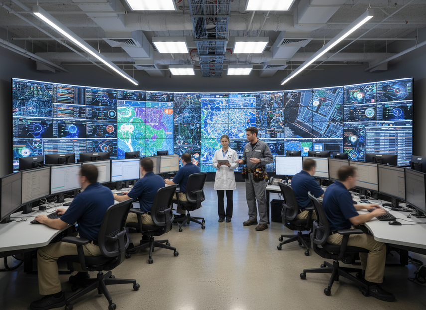 24/7 control room with a large LED wall and service technician discussing a support issue with operators