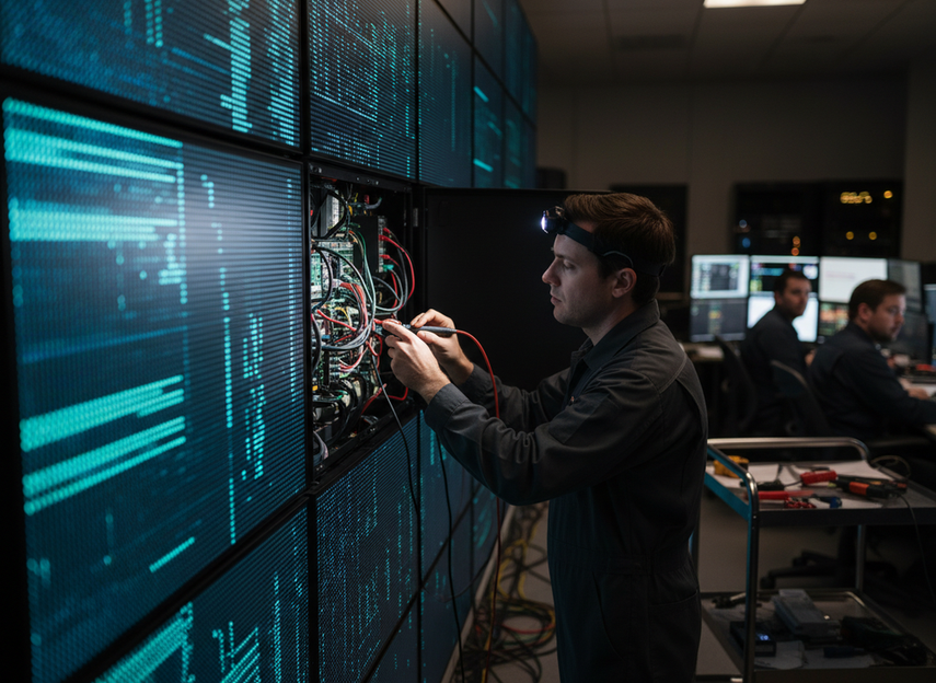 Technician performing onsite diagnostics on a modular LED wall in a command center at night