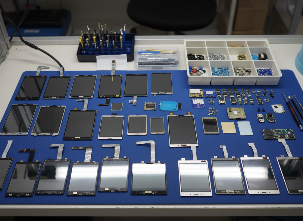 Close view of spare LED wall modules and service parts organized on a workbench for quick replacement