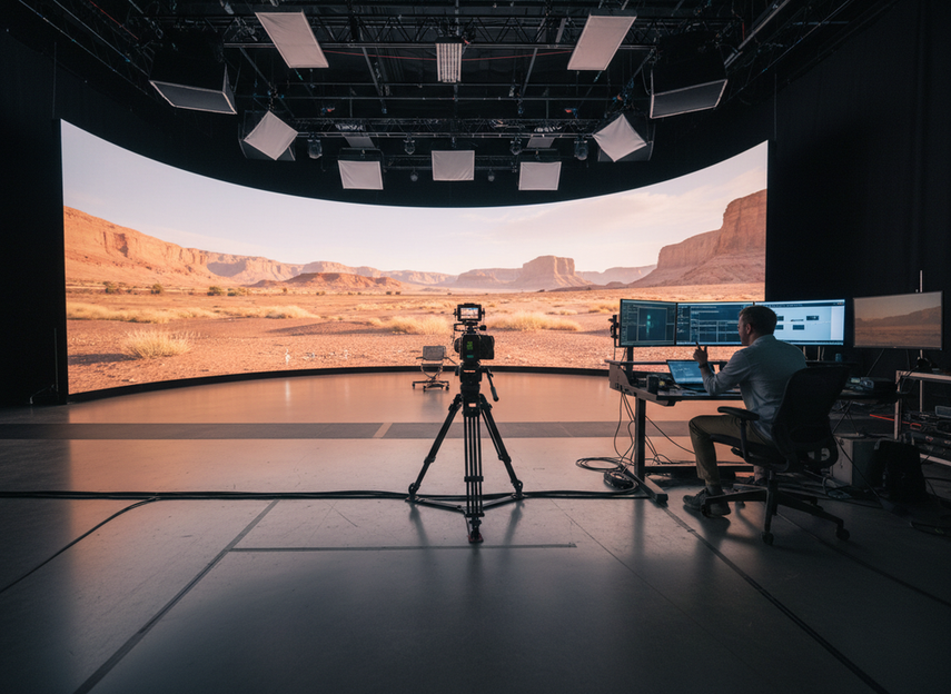 Virtual production LED processor setup in a film studio with camera, LED wall, and operator workstation