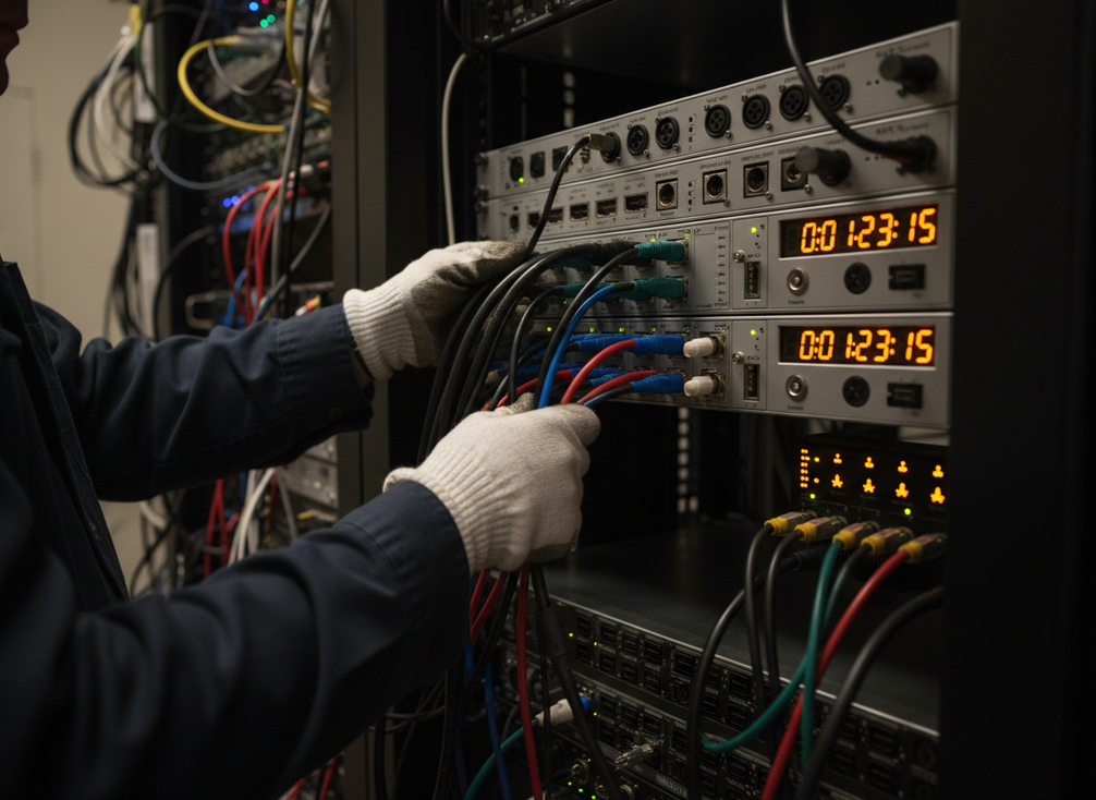 Engineer checking timing and sync connections for a virtual production LED processor in a studio rack room