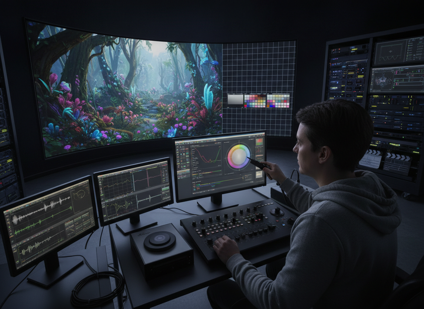 Virtual production control room with calibration tools, monitoring screens, and LED wall color alignment workflow