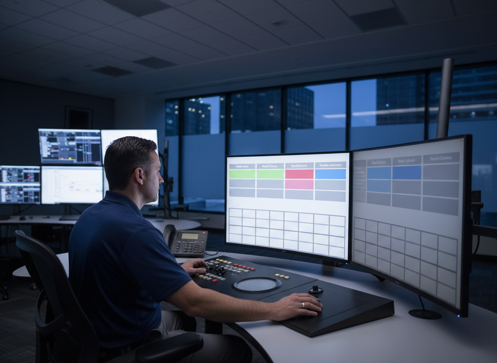 Traffic operations center workstation with an operator selecting approved highway message templates on a large control-room monitor
