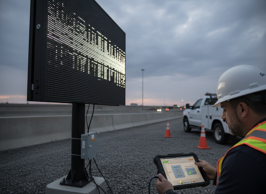 Close view of a highway variable message sign technician verifying message formatting and sign output during testing