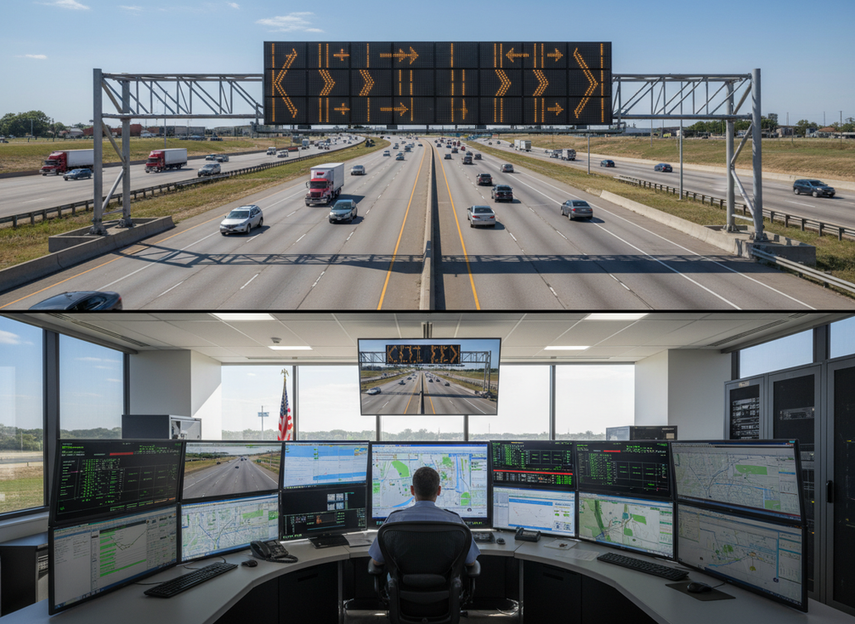 Highway variable message sign mounted above lanes with a traffic management center operator monitoring the system on multiple screens