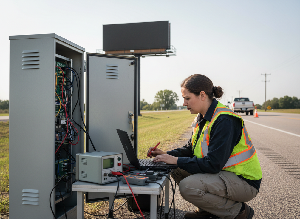 Engineer at a roadside sign cabinet with a laptop checking the connection between the field device and the control system