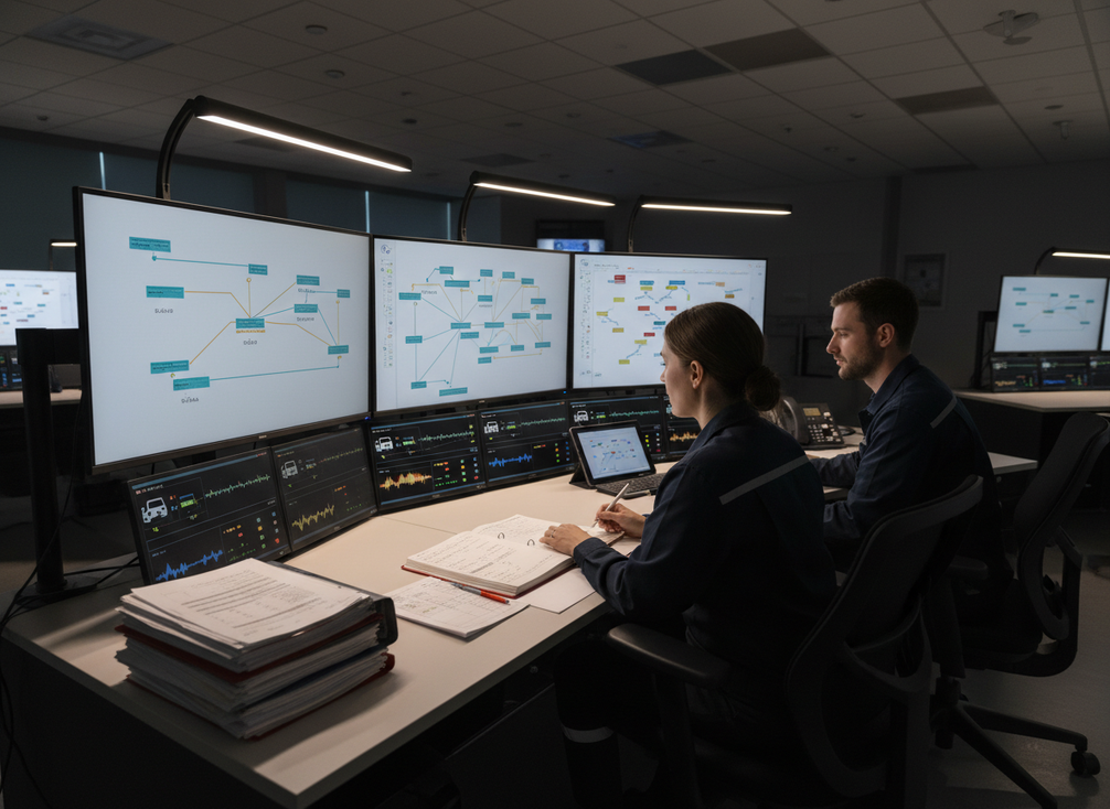 Traffic management center staff reviewing a commissioning checklist while observing sign status and command feedback on control-room displays
