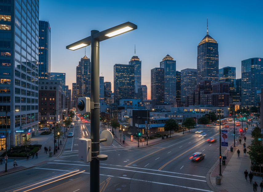 A municipal smart city street pole with integrated lighting and digital devices in an urban streetscape.
